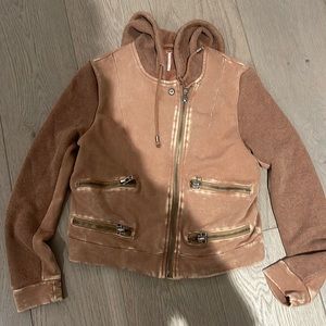 Free People bleached Zippered hooded sweatshirt jacket with terry cloth hood